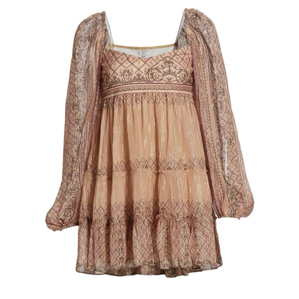 HEMANT & NANDITA Noor Tiered Mini Dress Boho Print Balloon Sleeve, Size S - Picture 6 of 11